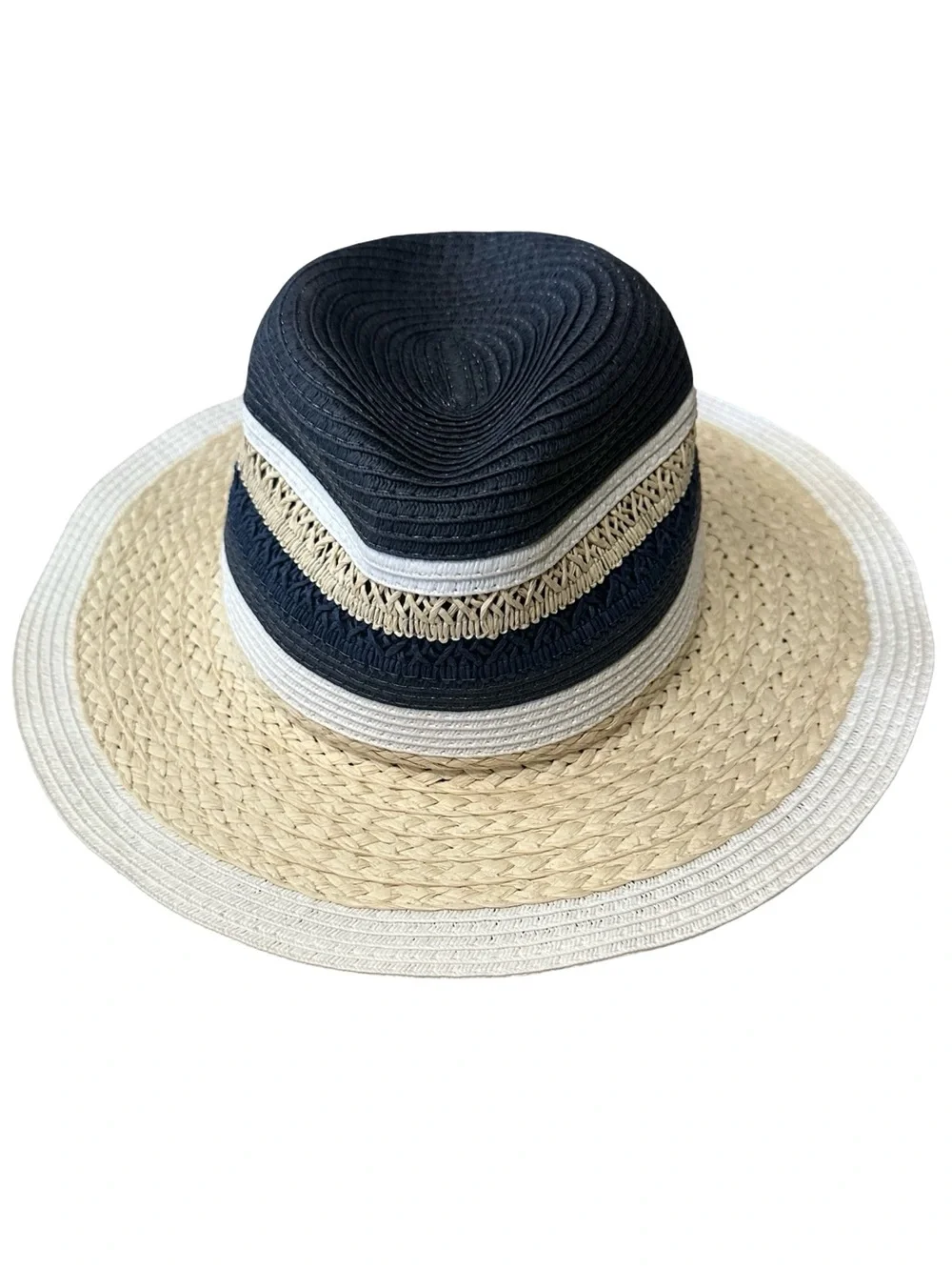 Badgley Mischka Navy, Natural & White Striped Straw Sun Hat